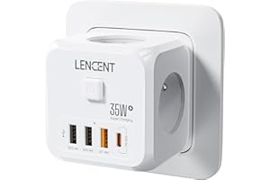 LENCENT Prise USB Secteur PD35W Multiple Murale Cube, 7 en 1 Multiprises et Chargeur USB Rapide PD35W avec 3 Sortie AC 4000W, 1 Type C et 3 Ports USB, Prise Murale Electrique Idéal pour maison, bureau