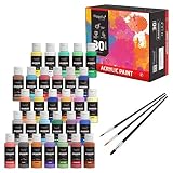 Magicfly 30 Couleurs Peinture Acryliques (60 ML, 2 FL oz) Non Toxiques avec 3 Pinceaux, pour Peintures Multi-Surfaces sur Tissu, Papier, Cuir, Bois, Pierre, Céramique, Toile, Mur, Modèle