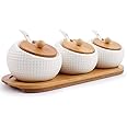 Leeonz® Porcelain Condiment Jar Spice Container with Lids - Bamboo Cap Holder Spot, Ceramic Serving Spoon, Wooden Tray - Best Pottery Cruet Pot for Your Home, Kitchen, Counter. White,170 ML, Set of 3