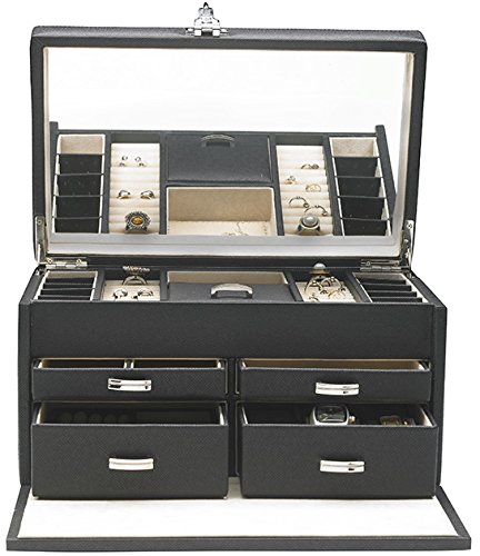 Großer Schmuckkoffer Deluxe mit Zahlenschloss und großem Spiegel schwarz 35 x 22 x 19 cm NEU