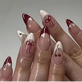 Nakhi 24 Reusable Artificial Fake Nail Set | Peach Base Colour White Bow Design Glossy Nails | Lightweight & Long Lasting| Qu