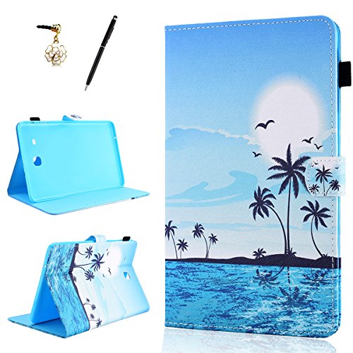HB-Int 3 in 1 Standfunktion Hülle für Samsung Galaxy Tab E SM-T560 9.6" Flip PU Leder Schutzhülle Blau Meer Wallet Case Brieftasche Kartenfächer Ledertasche Magnetverschluss Schale Beschützer Haut Lederhülle Book Style Holder New York City Etui Protective Cover Dünn Slim Cover Bumper Zubehör mit Stylus Pen + Staub Steckere