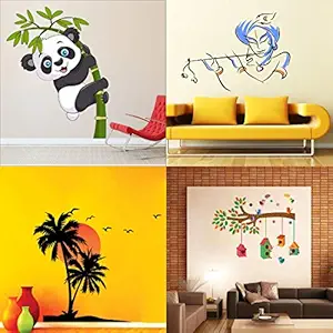 Walltech Combo of 4 Wall Sticker Baby Panda-(120 x 95 cms) | bansidhar-(65 x 90 cms) | Beach with Sunset-(55 x 60 cms) | Bird House on a Branch-(90 x 75 cms) - Material Vinyl