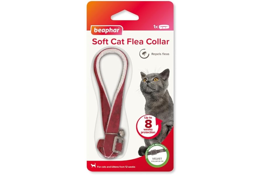 Beaphar – Soft Flea Collar for Cats – Repels Fleas For up to 8 Weeks – Adjustable Fit With Safety Mechanism – For Cats From 12 Weeks of Age – 1 x Velvet Collar – Colour May Vary