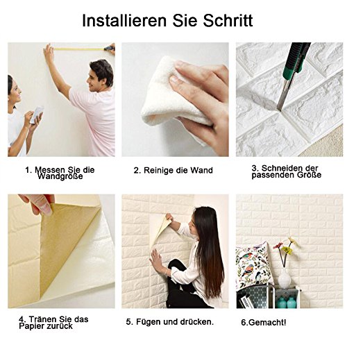 Wuiyepo 3D Ziegelstein Tapete Selbstklebend Brick Muster Tapete Fototapete Wandaufkleber für Schlafzimmer Wohnzimmer moderne Hintergrund TV-Decor,60*60cm,weiß,1Stk - 7