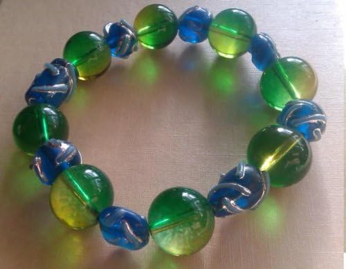 Hand Made Green and Blue Glass &amp; Indian Beads Bracelet - Stretchable