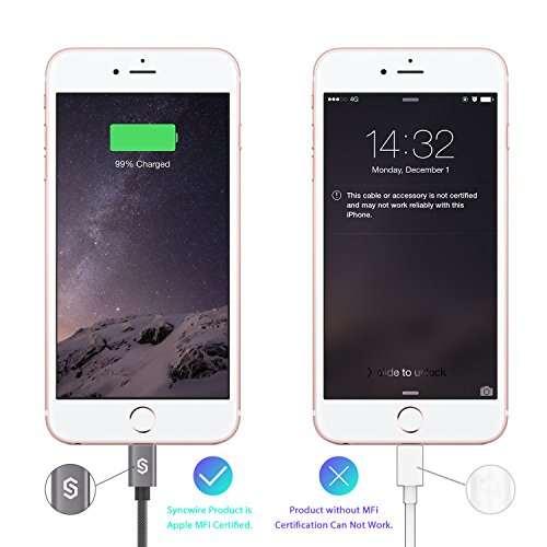 Syncwire C  ble iPhone 2M - Chargeur iPhone - C  ble Lightning en Nylon Tress   - Gris