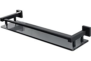 SAYAYO Tempered Glass Shelf Square Bathroom Shelf with Rail Wall Mounted 20 inches, Stainless Steel Matte Black, EGC2000-B