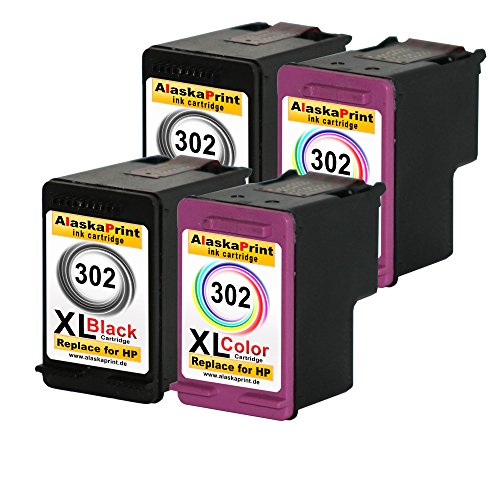 Alaskaprint 4er Set Tintenpatronen Kompatibel für Hp 302 XL 302XL ( 2x Schwarz , BK , Black + 2x Farbig , Color) HP DeskJet 1110 2130 3630 HP Envy 4520 e-All-in-One 4524 e-All-in-One HP OfficeJet 3830 4650 3800 Series - 2