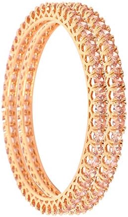 Ratnavali JewelsAmerican Diamond Cubic Zirconia Studded Gold Plated Champagne Golden Round Stone Traditional Design Bangles Chudi for Women/Girls RV2617