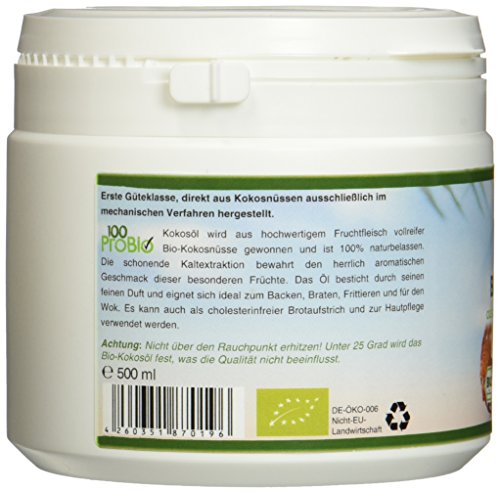 100ProBio Kokosöl nativ 500ml PE-Becher -Ideal für Haut & Haare- 100% reines Kokosöl ein natürliches Öl ohne Zusatzstoffe - 3