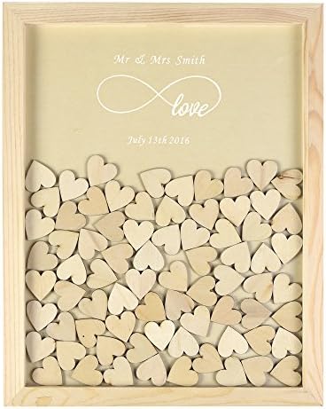 YS2016 Personalised Engraved Infinity Love Rustic Drop Top Wooden Frame Wedding Guest Book With 130 Small Wood Hearts (Pearl Ivory)