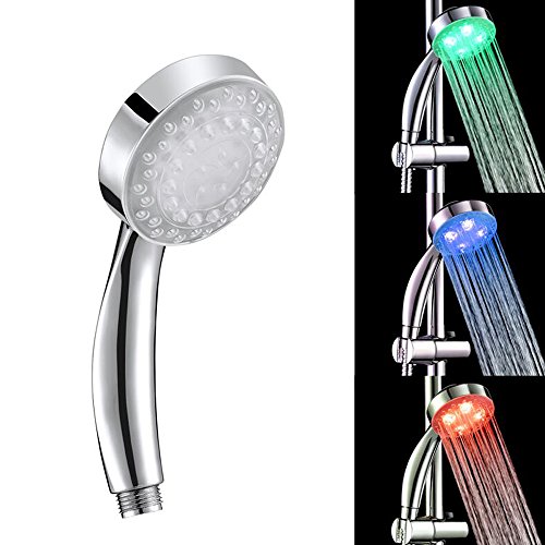 SunJas Handbrausen Einbauduschköpfe LED Duschkopf, Duschbrause Brausekopf mit 3 Farben grün, blan, rot Farbwechsel/7 Farbe automatic Farbwechsel Temperaturfühler Rund (3 Farben RGB)