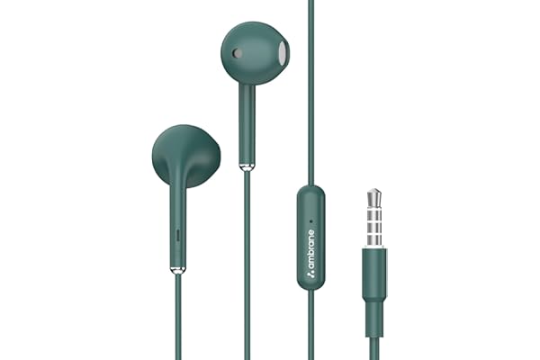 Ambrane Wired in Ear Earphones with in-line Mic for Clear Calling, 14mm Dynamic Drivers for BoostedBass, 3.5mm Jack, Multi-Functional Controller (Stringz 38 Lite, Green)
