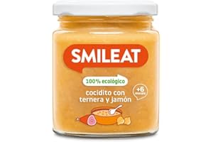 Smileat - Tarrito infantil de Cocidito con Ternera y Jamón - para Peques +6 Meses - Sin Azúcar ni Sal Añadido - Materia Prima de Calidad. Textura Suave y Fácil de Comer - 230g