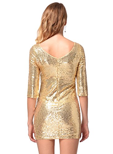 Frauen halbe Hülse Pailletten-Kleid tief V zurück Clubwear Abendkleid Gold S - 5