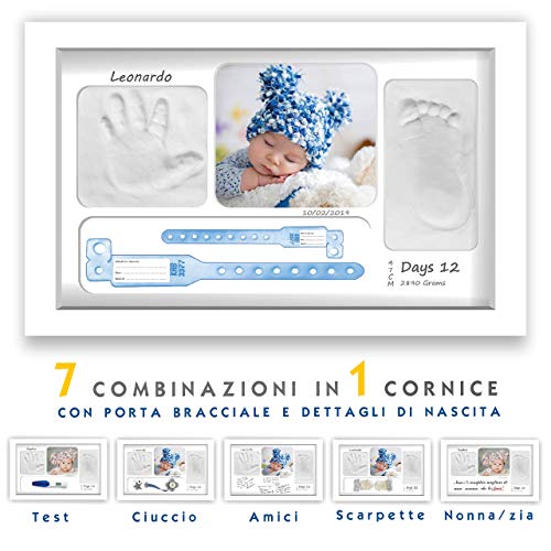 LALFOF Cornice Impronte Neonato 7in1 con lettere adesive + porta bracciali, kit portafoto impronta mani e piedi neonati, idee regalo neonato originale mamma, nonna, zia, nascita o battesimo bimba