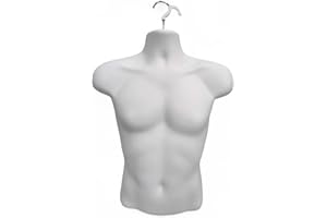 SHOPLINES SUPPLIES Male Half Body Form Mannequin –Durable Plastic Display with Hollow Back & Hanging Hook–Lightweight, Easy to Clean –Ideal for Clothing, Tops, Jewelry & Retail Garment Presentation (White, Half Body)