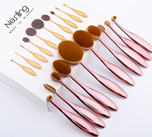Nestling® Oval Make-up Pinsel Set, 10 Stück Professionelle Foundation Concealer Verblender Pinsel Flüssiges Pulver Creme Kosmetik Pinsel, Zahnbürste geschwungene Make up Pinsel für Gesicht und Augen (Rose) - 6