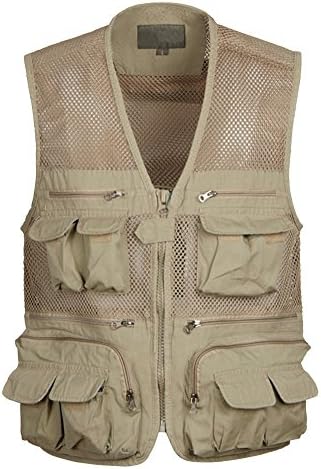 Men's Quick-Dry Multi-Pocket Mesh Vest Breathable Photography Camping Hunting Fishing Gilet Casual Waistcoat Khaki 2XL