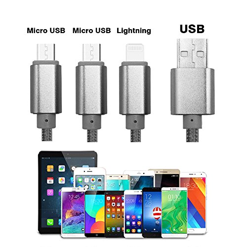 USB Kabel, 3 in 1 Lightning & Micro USB Nylon geflochtenes Ladekabel mit 8 Pin Lightning / Micro USB 2.0 Anschlüsse für iPhone 6 / 6S plus / 5 / SE, iPad Air / mini, Android-Geräte(2 Micro&1 Lightning -Silber) - 4