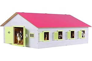 Kids Globe Farming Reiterhof rosa Bauernhof Pferdestall Holz 1:24 mit 7 Boxen, Spielzeug Pferdehof, mit praktischem Faltdach, für alle gängigen Tierfiguren 610189