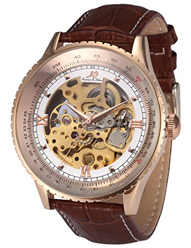 KS KS113 - Relojes de Pulsera Hombre, Esqueleto mecánico automático reloje con Correa de Cuero marrón