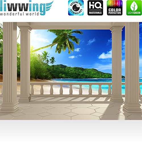 Vlies Fototapete 350×245 cm PREMIUM PLUS Wand Foto Tapete Wand Bild Vliestapete – TERRACE VIEW CARIBBEAN BEACH – Ausblick Terrasse Seeblick 3D Strand Beach Meer Sonne Palmen – no. 121 - 2