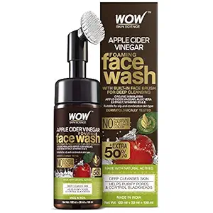 WOW Skin Science Apple Cider Vinegar Foaming Face Wash - with Organic Certified Himalayan Apple Cider Vinegar - No Parabens, Sulphate, Silicones & Color (with Built-in Brush) - 150mL