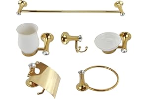 VETRINEIN RETE Vetrineinrete® Set Bagno in Oro e Ceramica con Punti Luce Cristalli in Acrilico 6 Pezzi arredo Accessori Bagno E66