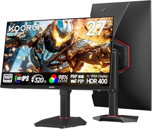 KOORUI G2721E 27 Pollici Gaming Monitor, Quad HD 1440p Computer Monitors 2k, Fast IPS, 320Hz, 1ms, HDMI(2.0)*2, Sync Adaptive Tecnologia, VESA (75mm*75mm), Eye Care, Inclinazione Regolabile, Girevole