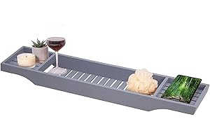VIVAAS Natural Wooden Bamboo Bath Caddy Bridge Tray Ideal For Storage Shelf Organizer Wine Glass, Book Rest, Candle | Bath Tray | Wooden Bath Tray | Bath Shelf | Bath Bridge (Grey)