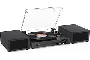 Udreamer Giradischi con 2 altoparlanti stereo doppio, giradischi vintage Bluetooth 5.3 supporta 3 velocità, AUX-In, RCA Line, USB, riproduzione wireless, nero