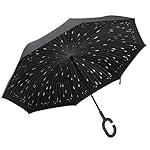 PLEMO Parapluie Canne, Parapluie Inversé, Double Couche Coupe-Vent, Mains Libres poignée en forme C, Idéal pour Voiture et Voyage, Noir Motif de Gouttes de Pluie