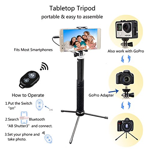 Selfie Stick,ZIZON 270 Gradi Rotazione Forma-E Selfie Stick (Nessuna Batteria Nessuna Bluetooth) Alluminio Allungabile cavo Controllo Auto Ritratto Monopiede (95CM) con Portacellulare Montecon per GoPro Hero Session Hero 4 Hero 3 +/3/2, Sony Action Cam e Smartphone,Apple iPhone 6/6 Plus/5/4, iPod,Samsung Galaxy S6/S5/S4/S3, Huawei,Note 4/3/2, LG,Sony 3,5-6 Pollici Smartphone(Nero)