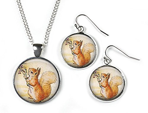 Rosetta London Squirrel NUTKIN - Beatrix Potter - Set: Pendant, Chain & Earrings - Glass Picture Jewellery - Silver Plated ...