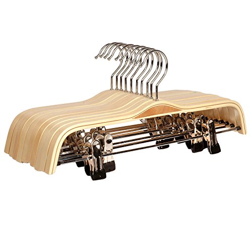 LOHAS Home® naturfarbige Holzhosenrbügel mit Anti-Rost-Haken und 2 einstellbaren Klammern, 10er-Pack