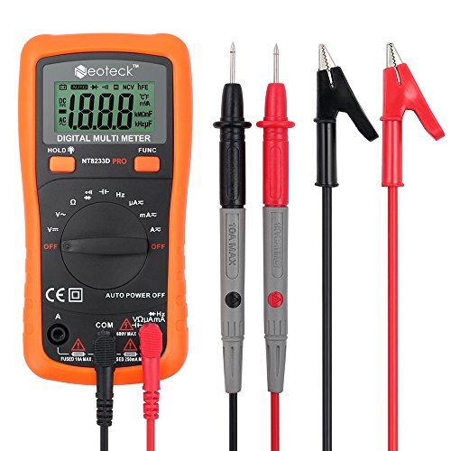 Neoteck Digital Multimeter 2000 Counts Digitaler Multimeter Auto range Messinstrument AC / DC Spannung Strom Widerstand Frequenz Kapazitanz Dioden Kontinuität Tester mit LCD Hintergrundbeleuchtung mit zwei Bananenstecker zum Alligator Clip Kabels