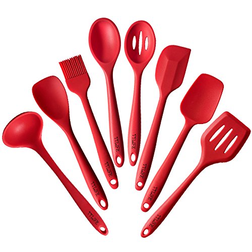 TTLIFE Silikon Küchenhelfer Set von 8 Stücke– Hitzebeständige Pfannenwender Turner, Schaumlöffel , Schöpfkelle , Löffel, Löffel Spatel, Spoonula, Küchenspatel, Basting Pinsel– Perfekt zum Kochen und Backen, Küchenzubehör, Rot