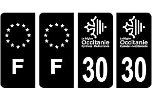 HADEXIA Lot 4 Autocollants Plaque immatriculation département 30 Gard Région Occitanie Noir & F France Europe