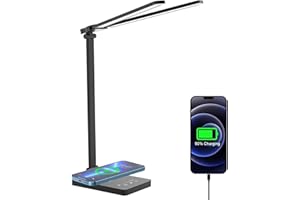 ERAY Lampada da Scrivania a LED, Lampada da Tavolo con Ricarica Wireless e Porta di USB, Luce da Scrivania Doppia con 5 Modalità di Colore, Protezione Degli Occhi, Dimmerabile, Controllo Touch, Timer