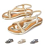  Camfosy Damen Flach Sommer Zehentrenner,Strand Sandalen Elastischen Gemütlich Webmuster Schuhe Bunt Strass Knöchelriemchen Freizeit Urlaub rutschfest Sommer - Schwarz Beige Blau Lila Gold 42 EU