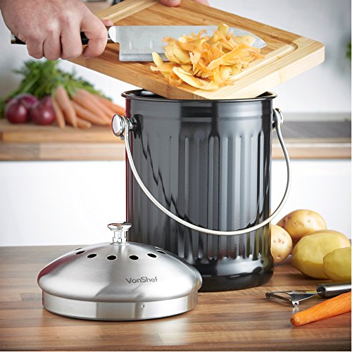 VonShef Edelstahl 4,5 Liter Bio Mülleimer Komposteimer mit Griff und geruchsabsorbierendem Filter - 2