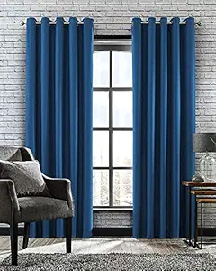 Casableu Premium Polyester Blend Fabric Solid Long Blackout Sunblock- Room Darkening Design Eyelet Door Window Curtain - 9 Feet Navy Blue, Set of 2