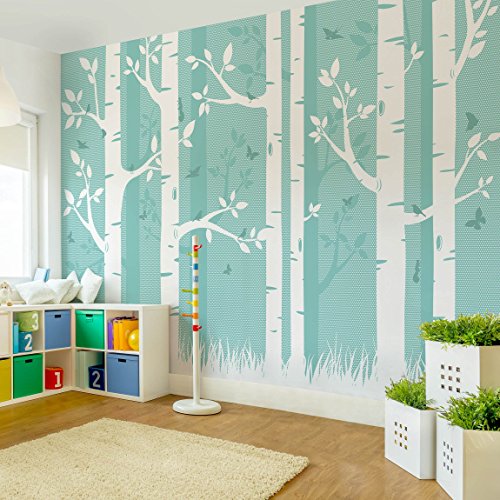 Vliestapete - Fototapete Holz Grüner Birkenwald mit Schmetterlingen und Vögel - Fototapete Breit Vlies Tapete Wandtapete Wandbild Kindertapete 3D Fototapete, Größe HxB: 255cm x 384cm