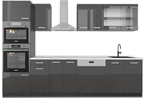 Vicco Mueble de Cocina R-Line, Antracita Brillo Intenso/Antracita, 300 cm con Armario Alto, ET Mármol