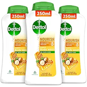 Dettol Body Wash and Shower Gel for Women and Men, Nourish (Pack of 3 - 250ml each) | Soap -Free Bodywash | 8h Moisturization