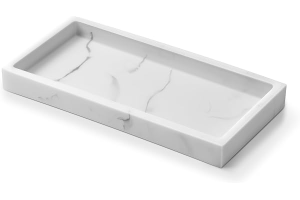 Ecooe Badrumsbricka – Fyrkantig konsthartsbricka i vit marmoroptik, dekobricka för badrum, kök eller garderob, litet marmortablett för tvål, smycken (20 × 10 cm)