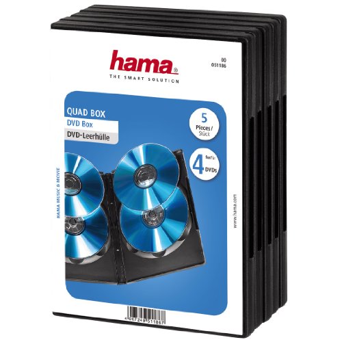 Hama DVD-Hülle für 4 DVDs, 5er-Pack (auch passend für CDs und Blu-rays) mit Folie zum Einstecken des Covers, schwarz