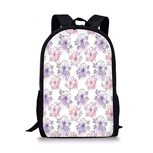 gthytjhv Anemone Flower,Artistic Hand Drawn Anemone Floral Pattern Serene Spring Meadow Theme Decorative,Purple Pink Peach Boy Girl School Backpack Mens Womens Sports Bag